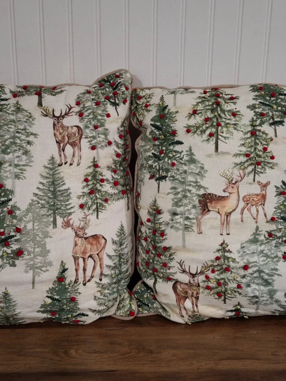 Two Christmas Throw Pillows Winter Snowy Scene Deer 3D Red Green Gold Thread 18